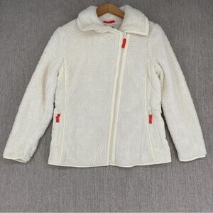 T by Talbots Jacket Womens Medium Petite White Full Zip Sherpa Fleece Asymetric